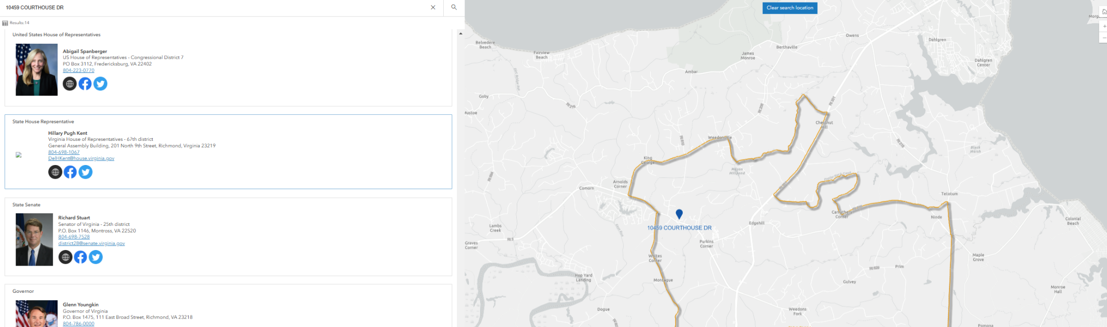 Map of King George with e column to the left depicting the address's elected representatives