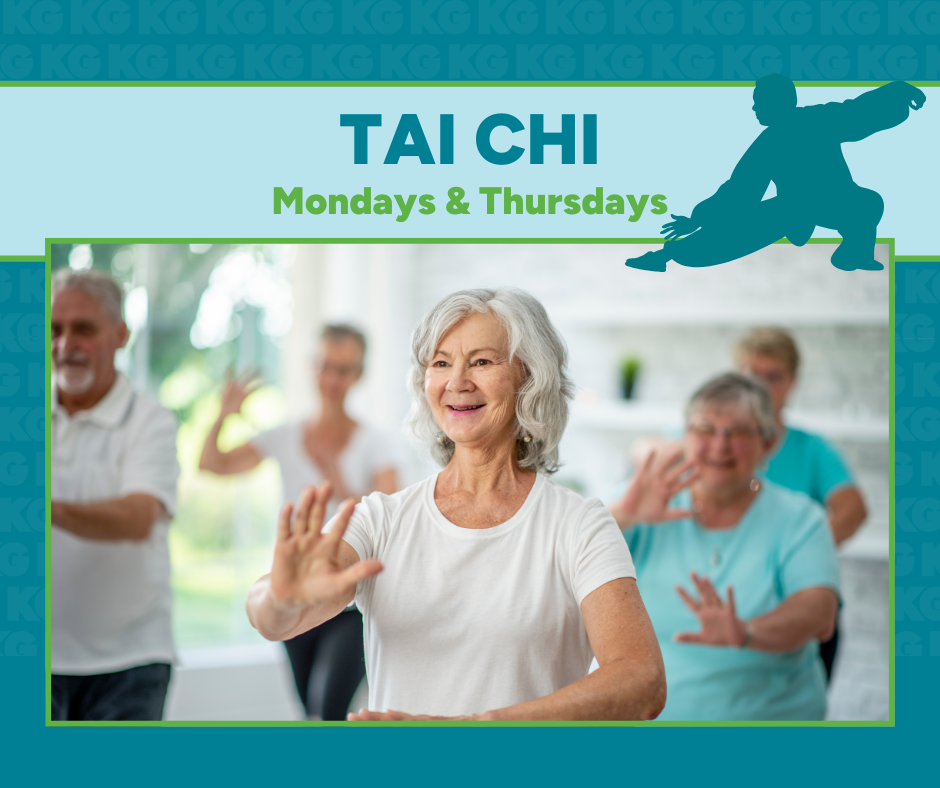 Photo of 5 people in a tai chi class and a silhouette of a tai chi pose.