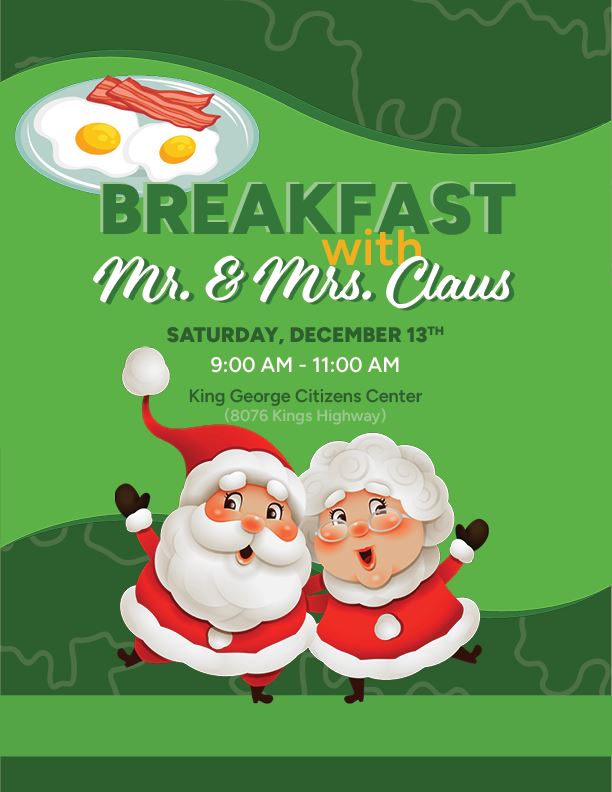 An illustrated graphic with Santa and Mrs. Claus with a breakfast plate with eggs and bacon.