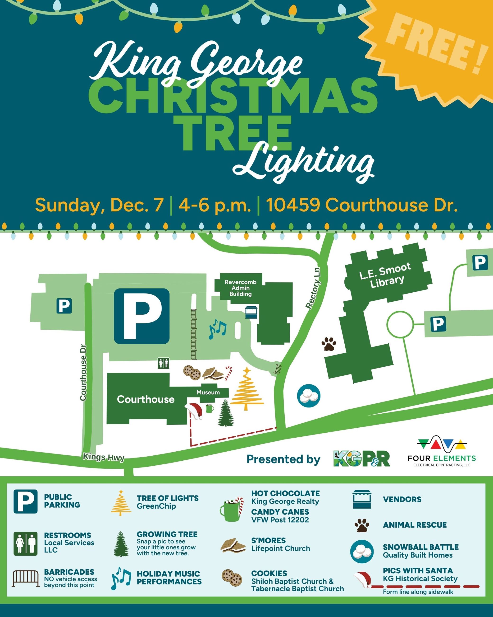 A map of the King George Courthouse area with activities marked with symbols.