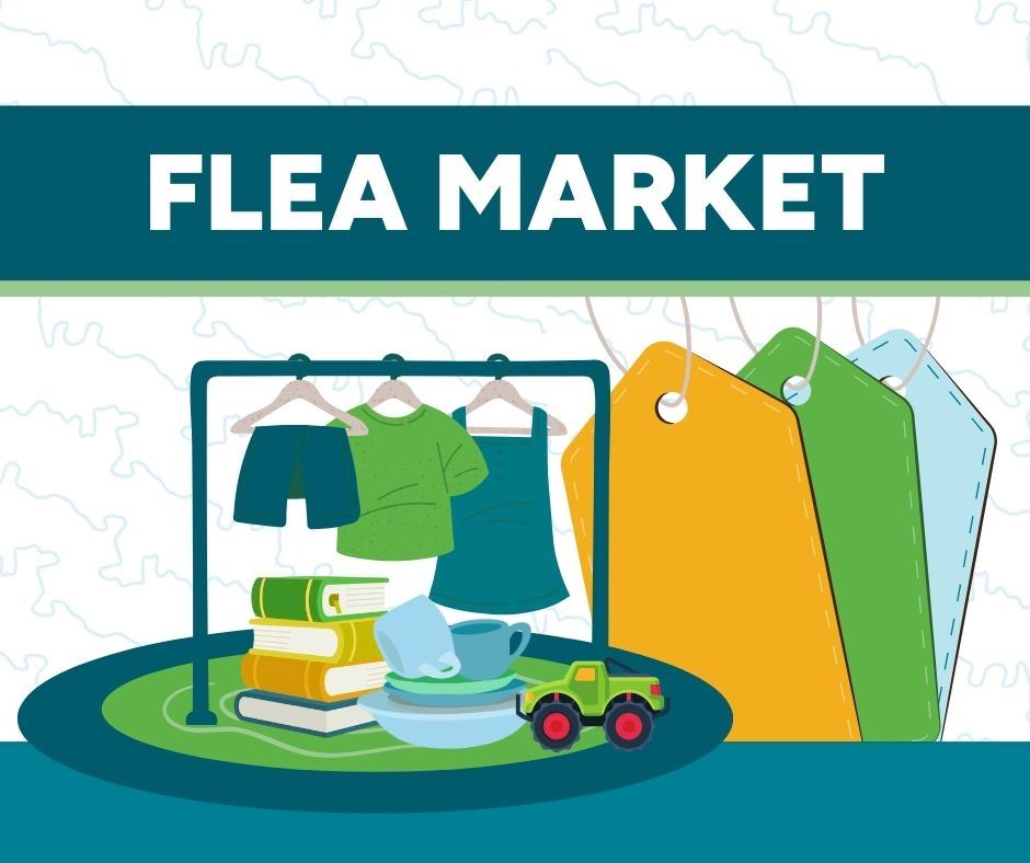 A graphic image of toys, clothes, and household items at a flea market with price tags in back